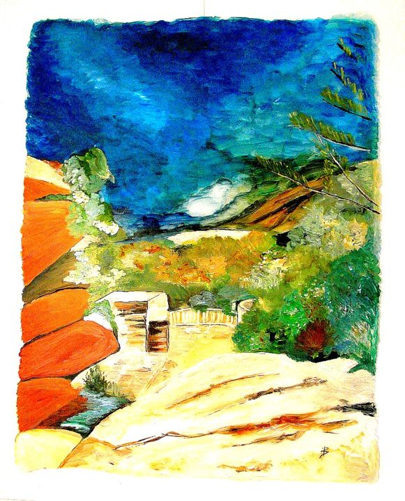 Painting titled "BALCON SUR LA MER" by Béatrice Marty, Original Artwork, Acrylic Mounted on Plexiglass
