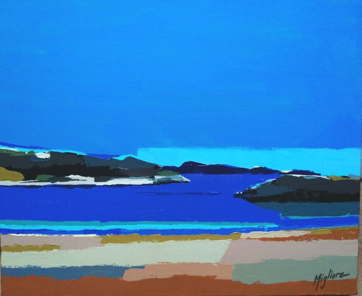 제목이 "Seul sur la plage"인 미술작품 Migliore로, 원작, 아크릴 나무 들것 프레임에 장착됨