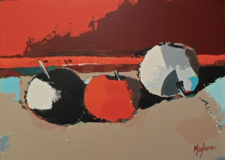 Peinture intitulée "Pommes sur la mer r…" par Migliore, Œuvre d'art originale
