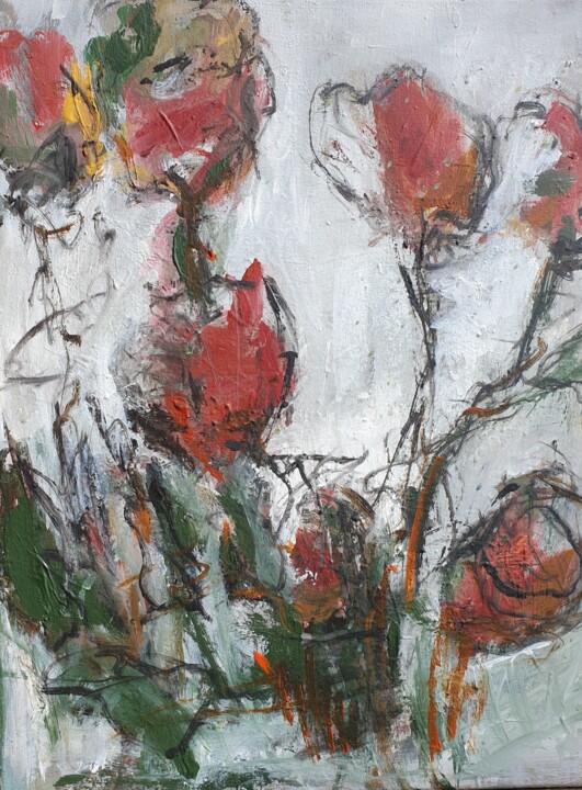 Painting titled "Fleurs rouges" by Beatrice Bossard, Original Artwork, Acrylic Mounted on Wood Stretcher frame