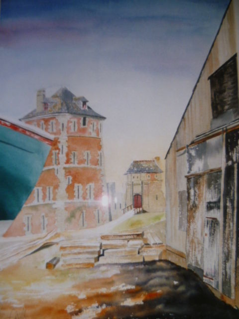 Malerei mit dem Titel "Tour Vauban Camaret" von Bea Rialland, Original-Kunstwerk, Aquarell