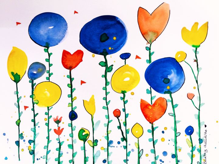 Pintura intitulada "Flores multicolores" por Beatriz Astudillo, Obras de arte originais, Aquarela