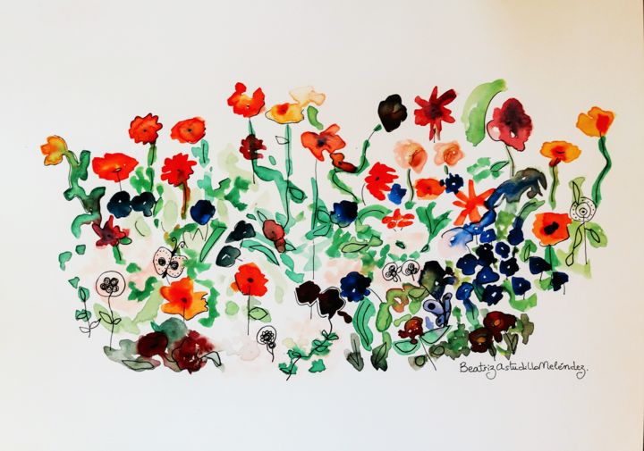 Painting titled "Campos de flores" by Beatriz Astudillo, Original Artwork, Watercolor