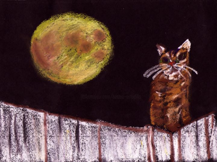 Malerei mit dem Titel "La luna y el gato" von Beatriz Astudillo, Original-Kunstwerk, Pastell
