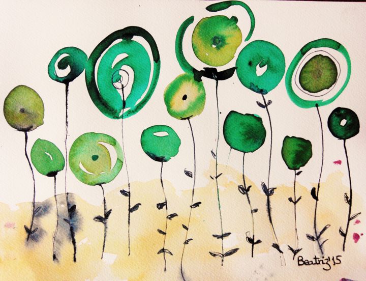 Pintura titulada "Flores en verde" por Beatriz Astudillo, Obra de arte original, Acuarela