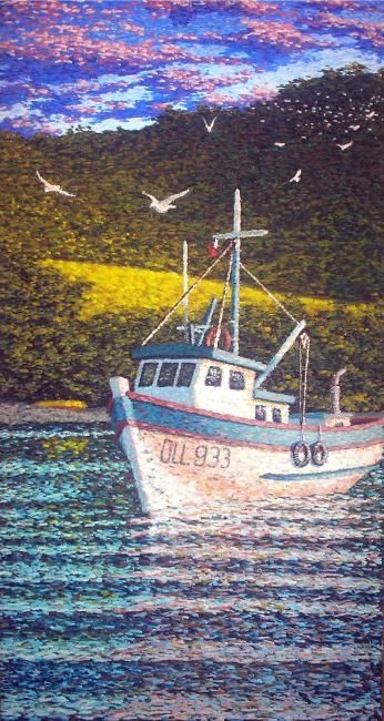 Pintura titulada "Gulls in the boat" por Cristián Contreras Delgado, Obra de arte original