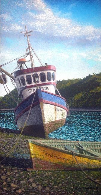 Malerei mit dem Titel "Fishing boat" von Cristián Contreras Delgado, Original-Kunstwerk