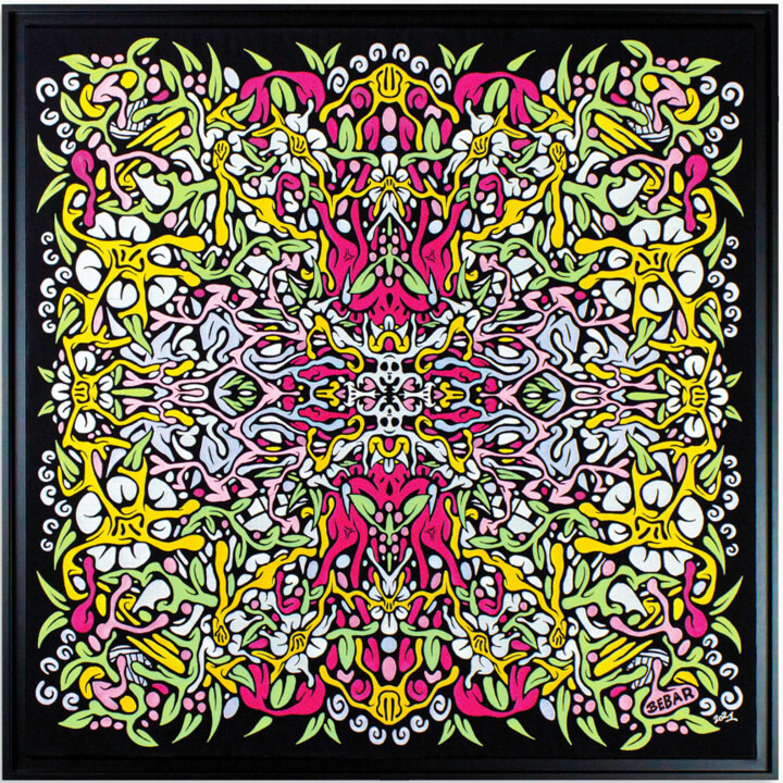 纺织艺术 标题为“Origin of flores” 由Bebar, 原创艺术品, 刺绣 安装在木质担架架上