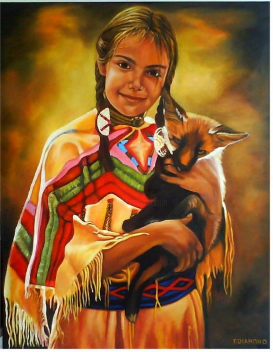 Schilderij getiteld "L'Indienne et le pe…" door Aurore Alexis, Origineel Kunstwerk, Olie