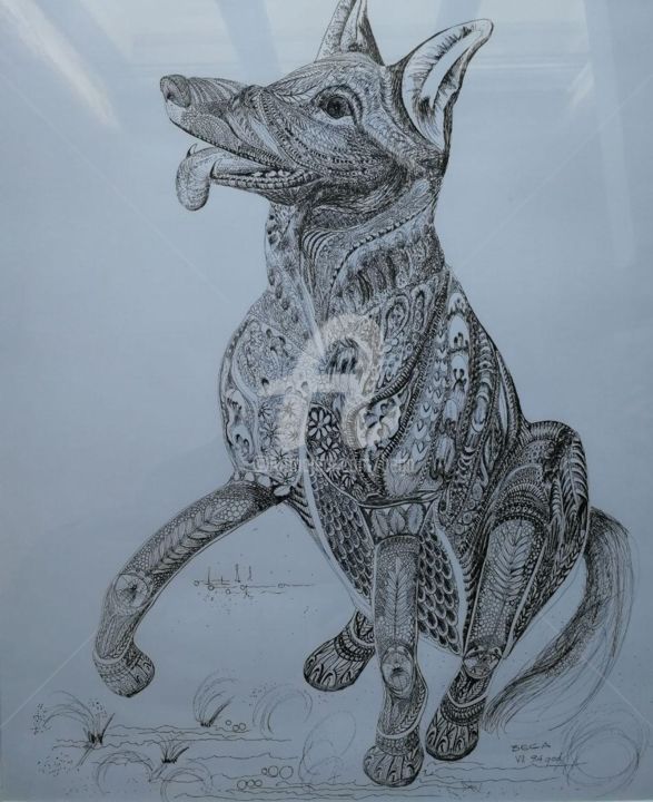 Drawing titled "Le Chien en Bronze ©" by Bega, Original Artwork, Ink