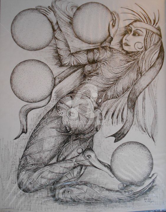 Zeichnungen mit dem Titel "La Danse des ballon…" von Bega, Original-Kunstwerk, Tinte