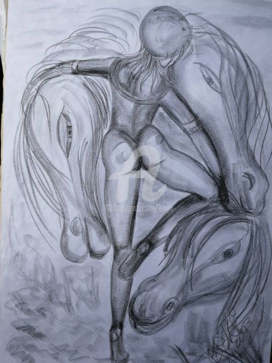 Zeichnungen mit dem Titel "Loving Horses ©" von Bega, Original-Kunstwerk, Kohle