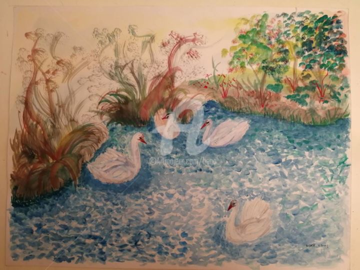 Peinture intitulée "Le Lac des Cygnes ©" par Bega, Œuvre d'art originale, Aquarelle