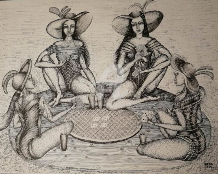 Drawing titled "Partie de cartes ©" by Bega, Original Artwork, Ink
