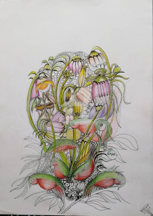 Drawing titled "The fauna and the f…" by Bega, Original Artwork, Watercolor
