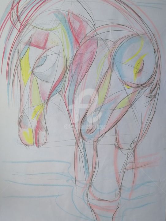 Tekening getiteld "Pastel horses ©" door Bega, Origineel Kunstwerk, Houtskool