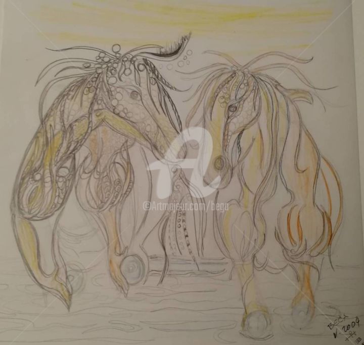 Zeichnungen mit dem Titel "Deux chevaux  ©" von Bega, Original-Kunstwerk, Bleistift