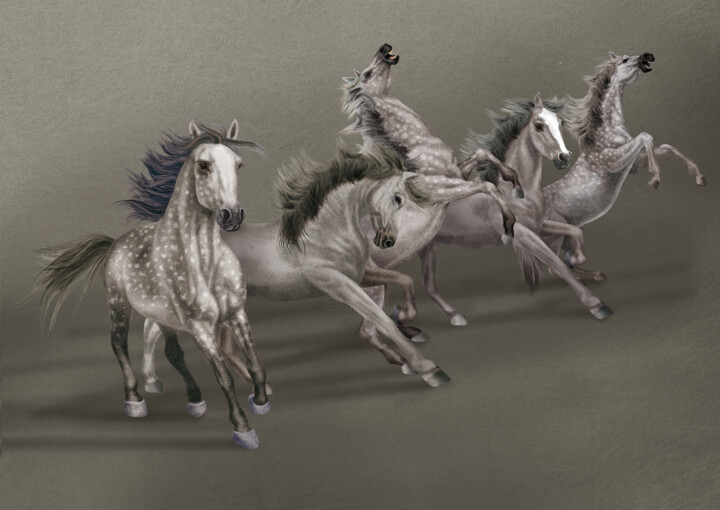 Arts numériques intitulée "chevaux gris agités" par Behzad Nahed, Œuvre d'art originale, Peinture numérique