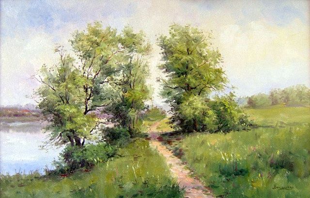 Картина под названием "Тропинка вдоль реки" - Biekasova, Подлинное произведение искусства, Масло