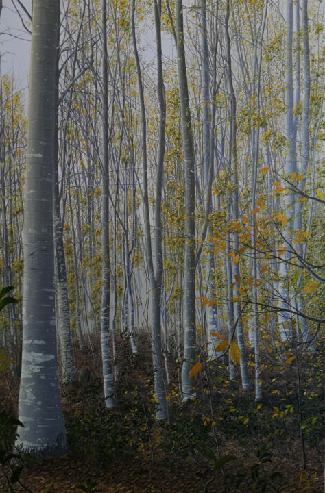 Painting titled "In the Beech Forest" by Bekir İSlam, Original Artwork, Pigments Mounted on Wood Stretcher frame