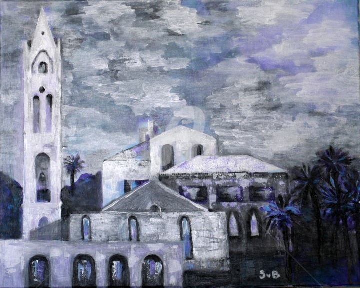 Painting titled "Twilight. Jaffa." by Svetlana Belenkin, Original Artwork, Acrylic Mounted on Wood Stretcher frame