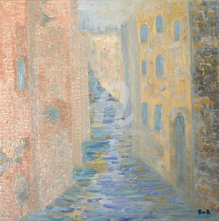 Painting titled "High water in Venice" by Svetlana Belenkin, Original Artwork, Oil Mounted on Wood Stretcher frame