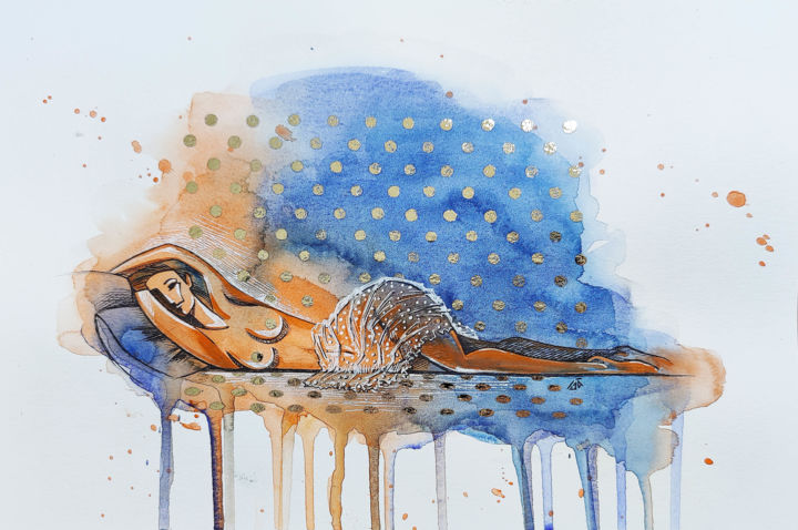 Painting titled "Sleeping - nude, er…" by Yulia Belasla, Original Artwork, Watercolor