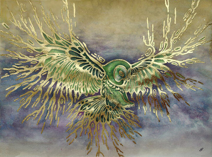 Картина под названием "Green owl, watercol…" - Yulia Belasla, Подлинное произведение искусства, Акварель