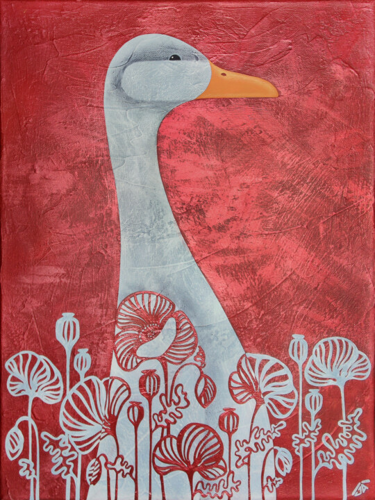 Картина под названием "Goose in the poppys" - Yulia Belasla, Подлинное произведение искусства, Акрил
