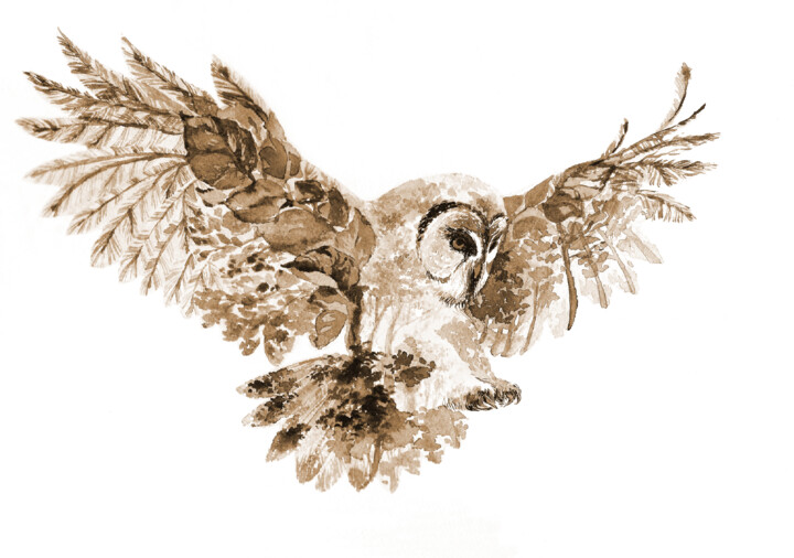 제목이 "Owl, Sepia"인 미술작품 Yulia Belasla로, 원작, 수채화