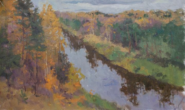 Painting titled "River in autumn" by Ekaterina Belaia, Original Artwork, Oil