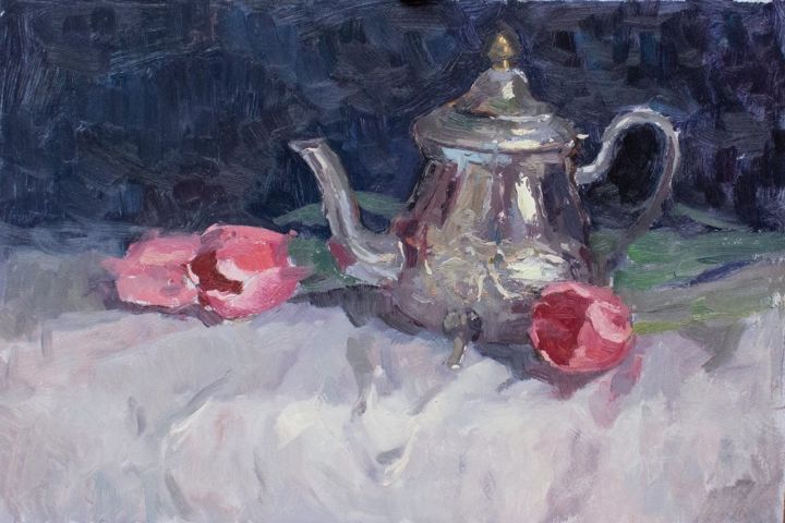 Painting titled "Still life with a t…" by Ekaterina Belaia, Original Artwork, Oil