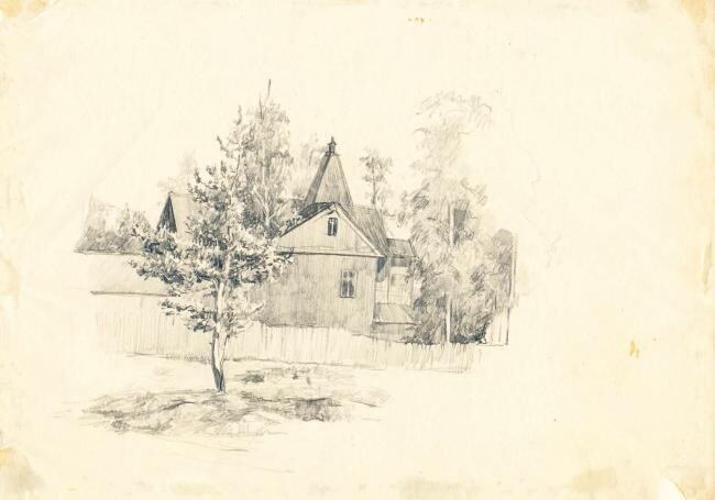 Drawing titled "House behind the fe…" by Belerfon Dalakyan, Original Artwork