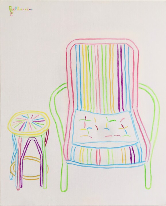 Painting titled "Strip Chair" by Khaled Belhassine, Original Artwork, Oil Mounted on Wood Stretcher frame