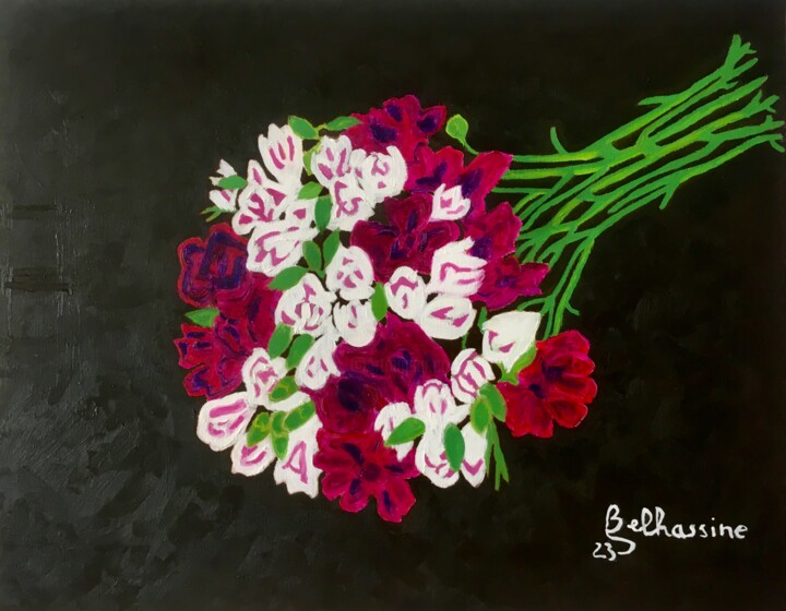 Peinture intitulée "Le bouquet violet" par Khaled Belhassine, Œuvre d'art originale, Huile Monté sur Châssis en bois
