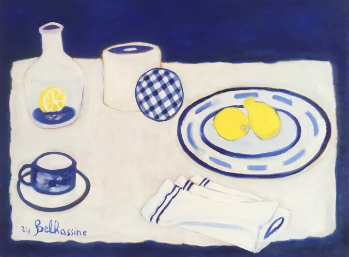 Schilderij getiteld "La nappe bleue" door Khaled Belhassine, Origineel Kunstwerk, Olie