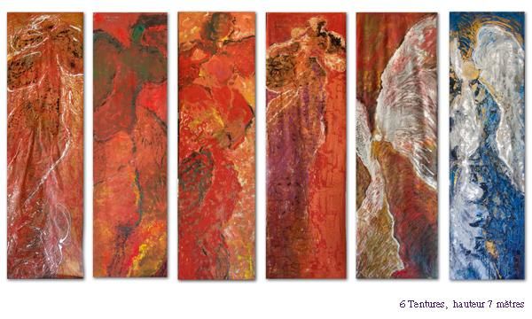 Painting titled "ANGES, 6 tentures" by Claudine Gregoire (Claudine BELMAS-GREGOIRE), Original Artwork