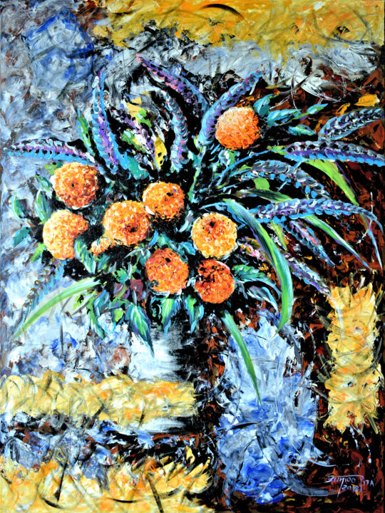 Pintura intitulada "Flores na jarra" por Belmiro Pita, Obras de arte originais, Acrílico