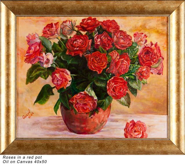 Painting titled "Розы в красной вазе." by Bella Goreva Dobkina, Original Artwork, Oil