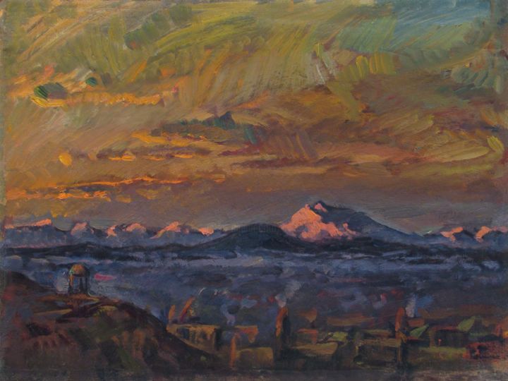 Pittura intitolato "Pink mountains" da Vasily Belikov, Opera d'arte originale, Olio