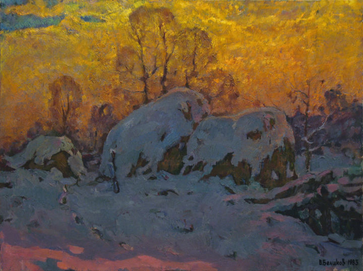 Painting titled "The ricks covered b…" by Vasily Belikov, Original Artwork, Oil