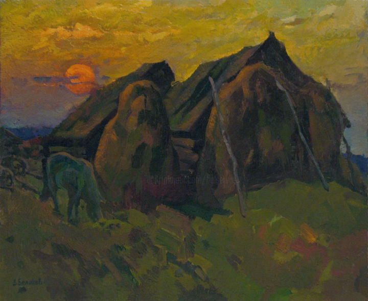 Pittura intitolato "Stacks near the barn" da Vasily Belikov, Opera d'arte originale, Olio