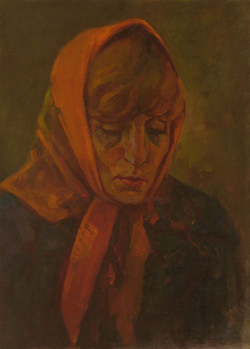 Painting titled "Woman in red scarf" by Vasily Belikov, Original Artwork, Oil