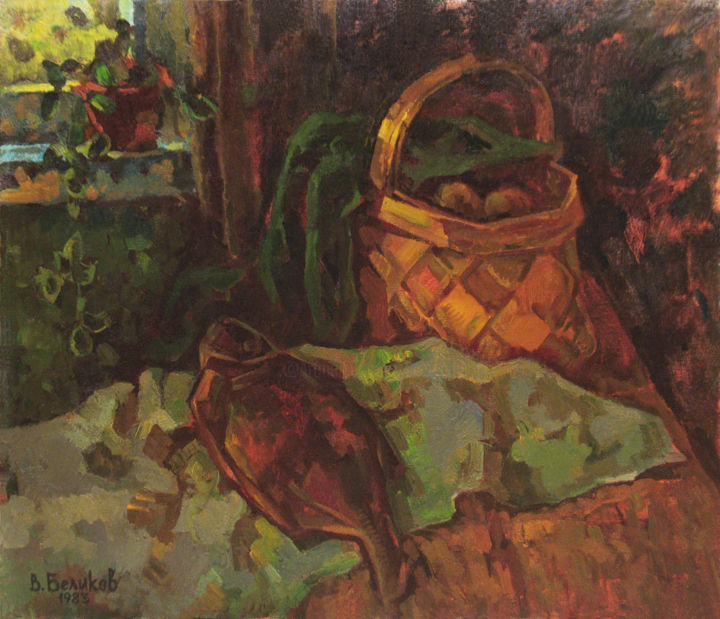 Pittura intitolato "Still life with bas…" da Vasily Belikov, Opera d'arte originale, Olio