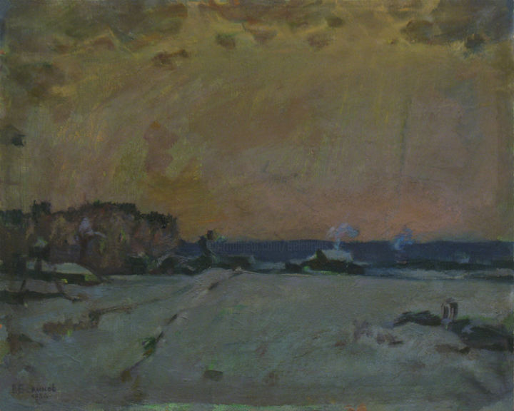 Malerei mit dem Titel "Winter evening in t…" von Vasily Belikov, Original-Kunstwerk, Öl