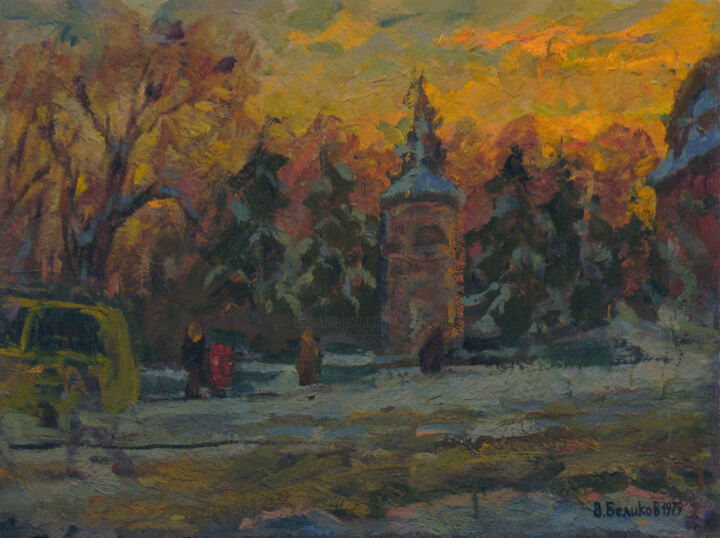 Картина под названием "Winter day in the c…" - Vasily Belikov, Подлинное произведение искусства, Масло