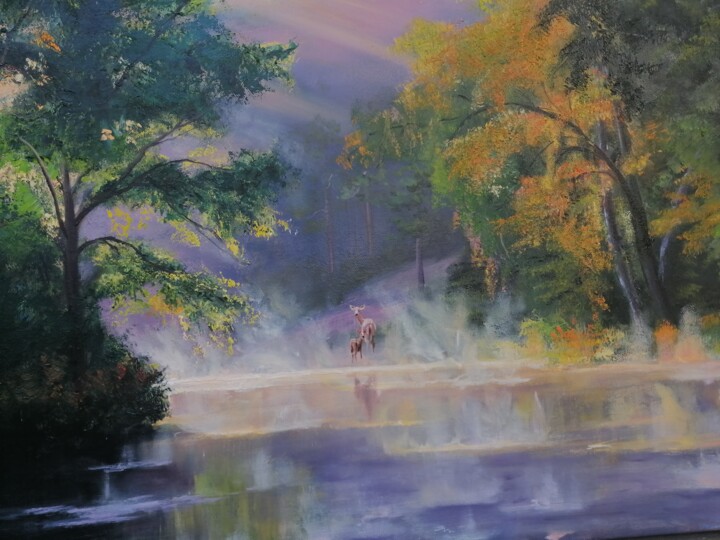 Painting titled "Река утро туман" by Natalia Beliakova, Original Artwork, Oil