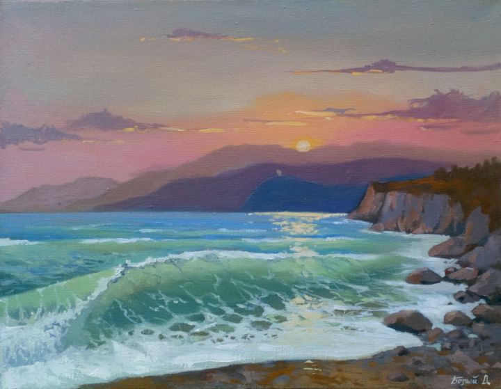 Painting titled "Pink sunset." by Denis Bely, Original Artwork, Oil