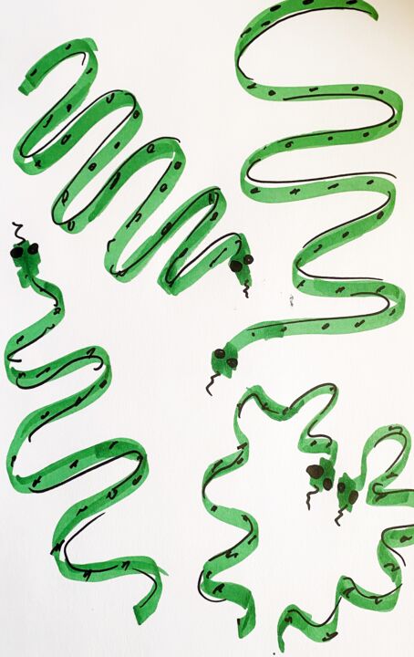 Tekening getiteld "Snake with her frie…" door Ben Goldberg (Golden louise), Origineel Kunstwerk, Marker