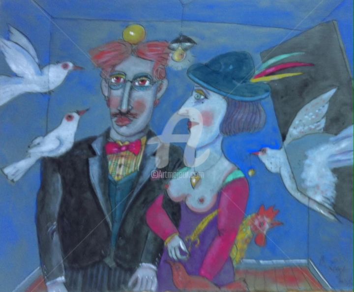 Painting titled "a couple in love" by Benbenart, Original Art, Gouache